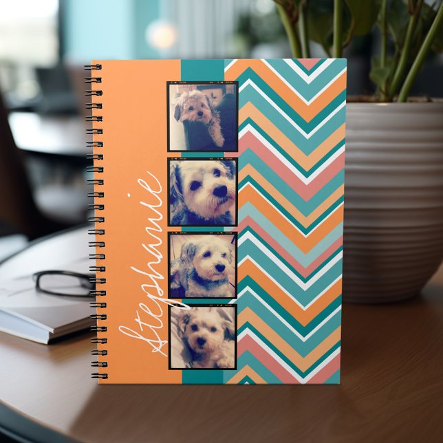 Caderno Espiral Colagem de Fotos com Chevrons Laranja e Teal (Personalized notebook with custom text - add your name and other options)