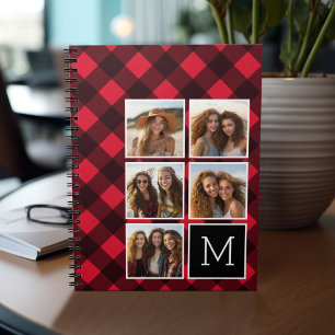 Caderno Espiral Colagem de Fotos - Monograma Vermelho Preto Xadrez