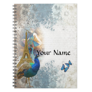 Caderno Espiral Colagem de pavão de Paris
