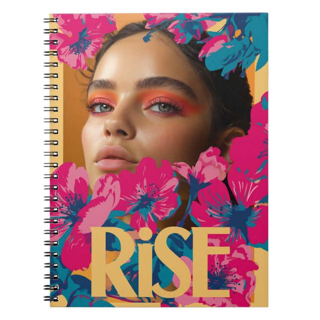 Caderno Espiral Colagem de uma mulher com flores vibrantes (Frente)