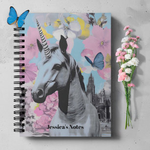 Caderno Espiral Colagem de Unicórnio Cor-de-rosa e azul