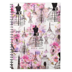 Caderno Espiral Colagem Eiffel Tower estilo Vintage Flor cor-de-ro