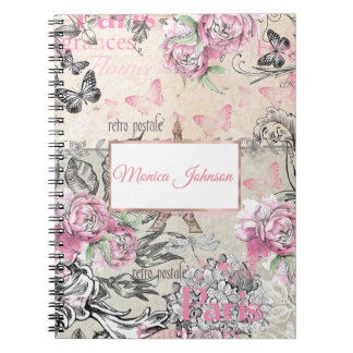 Caderno Espiral Colagem floral negra rosa Elegante Torre Eiffel