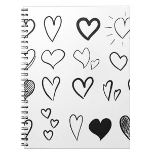 Caderno Espiral Coleção de corações desenhados à mão isolados em b