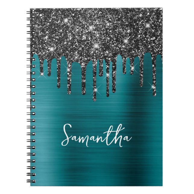 Caderno Espiral Coletor Preto Brilhante Azul Nome Glam (Frente)