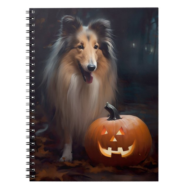 Caderno Espiral Collie Áspero de Halloween com Abóboras Assustador (Frente)