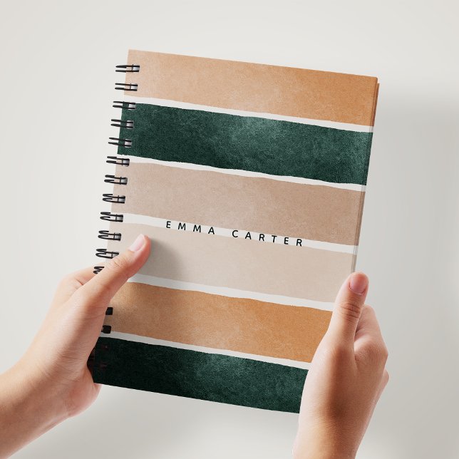 Caderno Espiral Colorblock Castanho e Abstrato Verde Stripes Monog (Criador carregado)