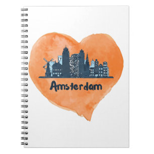 Caderno Espiral Colorida Amsterdam City Skyline Watercolor Heart P