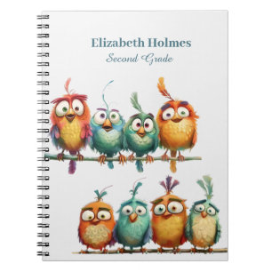 Caderno Espiral Colorida Engraçada Escola de Pássaros Quirky