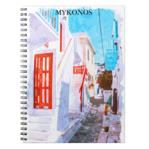 Caderno Espiral Colorida Grécia Mykonos Retro Viagem Watercolor