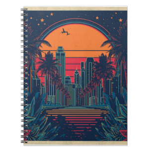 Caderno Espiral Colorida Silhueta Urbana em Estilo Retrô Futurista