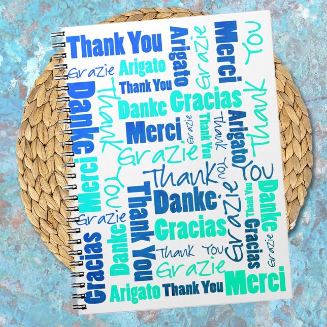 Caderno Espiral Colorido Multilíngue Obrigado Diário de Gratidão (Show your daily gratitude with a multilingual thank you notebook cover in blue and green typography.)