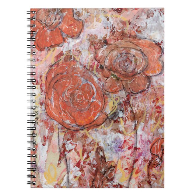 Caderno espiral com flores laranja de mídia mista (Frente)