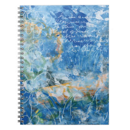 Caderno espiral com obra de arte mista em tons azu