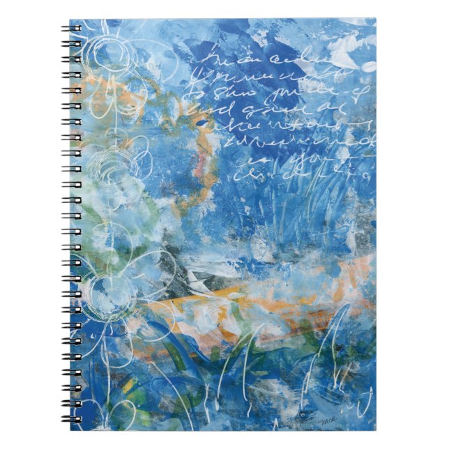 Caderno espiral com obra de arte mista em tons azu (Frente)