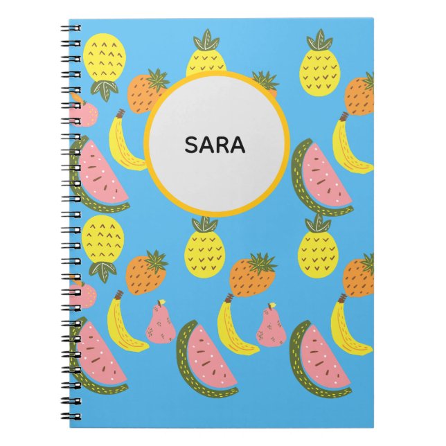 Caderno Espiral com Padrão de Frutas Vibrantes de  (Frente)