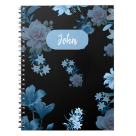 Caderno Espiral com Padrão Floral Azul-Elegante