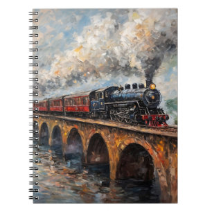 Caderno Espiral Comboio a vapor numa ponte - Pintura a óleo