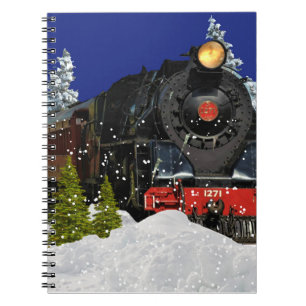 Caderno Espiral Comboio da locomotiva Vintage a vapor na neve do i