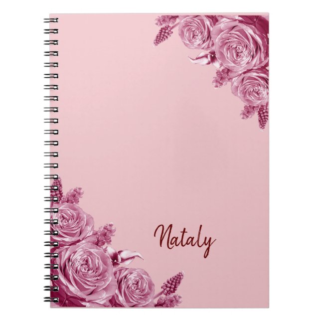 Caderno Espiral Composição de flores rosa com nome (Frente)