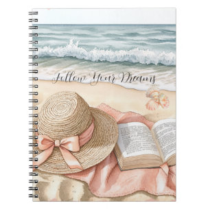 Caderno Espiral Conchas de Praia Oceano Pêssego Laço Chapéu Cobert
