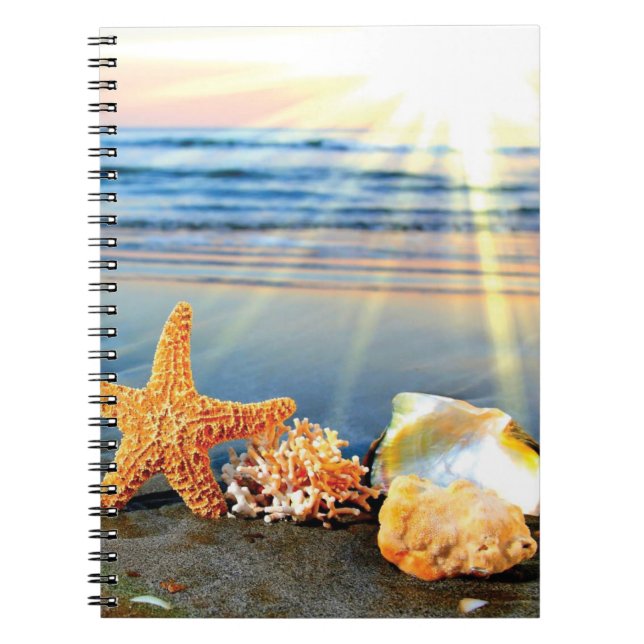 Caderno Espiral Conchas marítimas e estrelas-do-mar na praia (Frente)