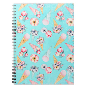 Caderno Espiral Cone de Sorvete de Flor do Teal Summer - Padrão