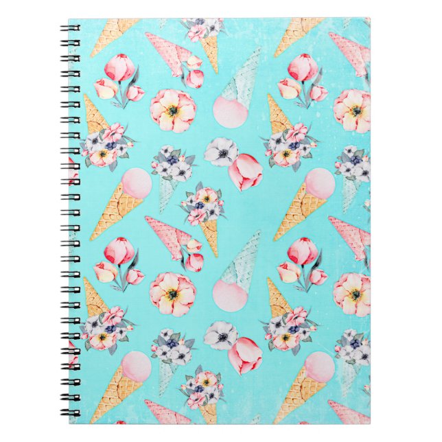 Caderno Espiral Cone de Sorvete de Flor do Teal Summer - Padrão (Frente)