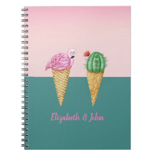 Caderno Espiral Cones de Sorvete Coloridos Cacto Flamingos Rosa