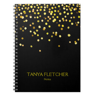 Caderno Espiral Confetes pretos e Dourados personalizados