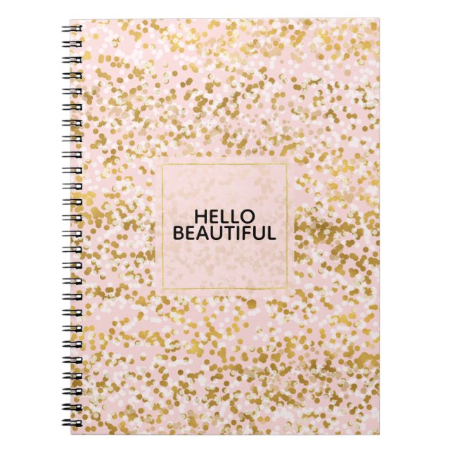 Caderno Espiral Confetes Rosa Branco Dourado Chic (Frente)