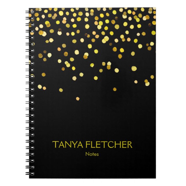 Caderno Espiral Confetti Preto Personalizado e Dourado (Frente)