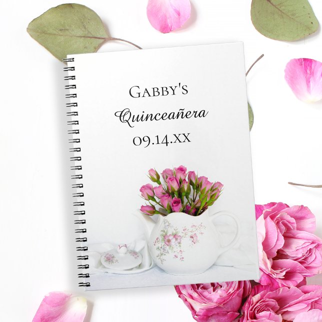 Caderno Espiral Conjunto de bule com Rosas Rosa Quinceañera (Criador carregado)
