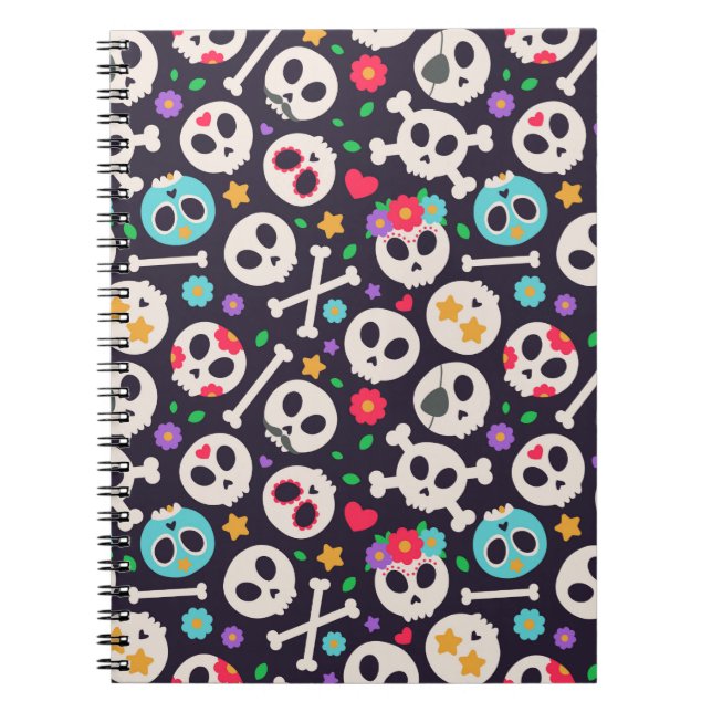 Caderno Espiral Conjunto de crânio. Padrão sem costura com design  (Frente)