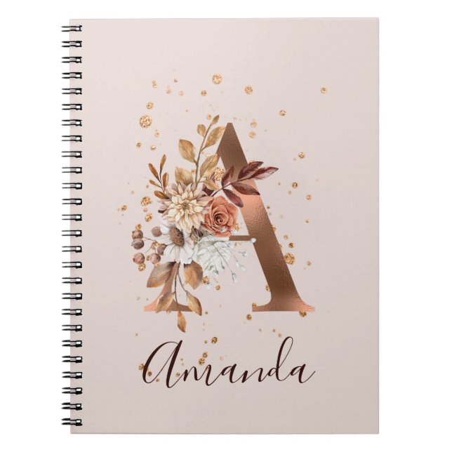 Caderno Espiral Copper Autumn Floral - Letra A Fall Flowers (Frente)