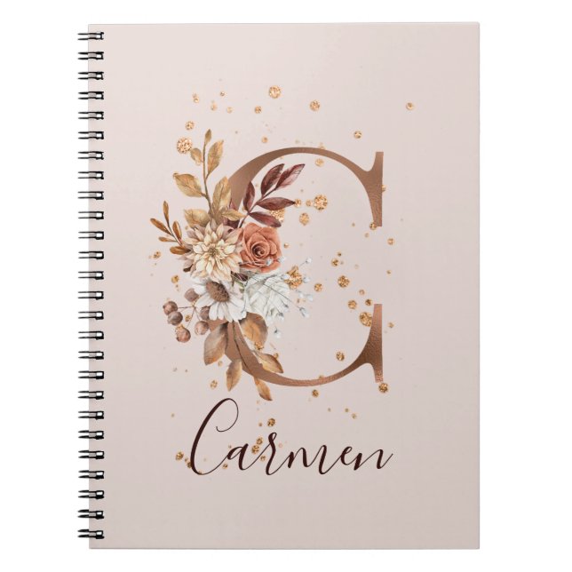 Caderno Espiral Copper Autumn Floral - Letra C Fall Flowers (Frente)