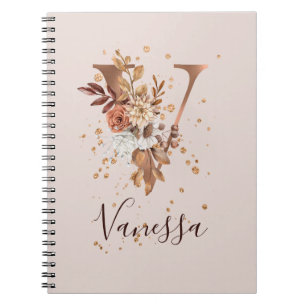 Caderno Espiral Copper Autumn Floral - Letra V Flores de Queda
