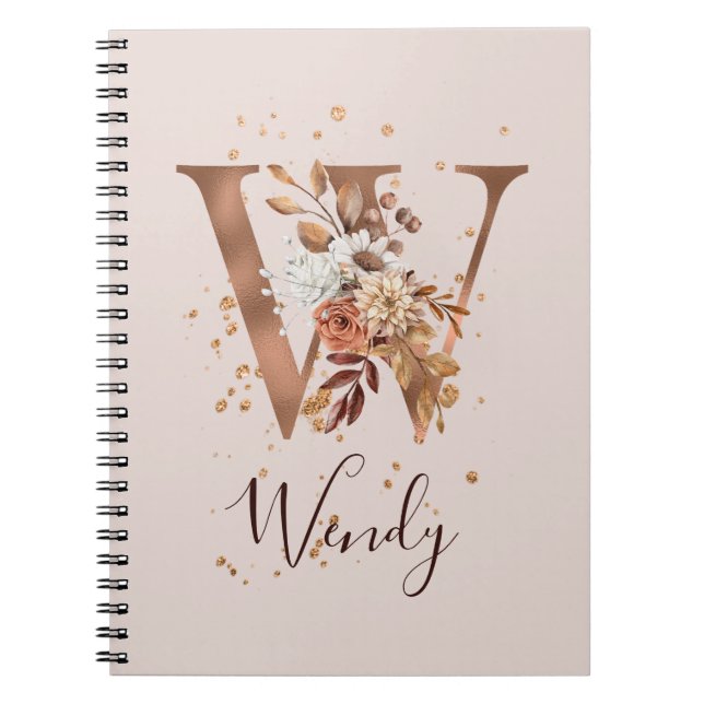 Caderno Espiral Copper Autumn Floral - Letra W Flores de Queda (Frente)