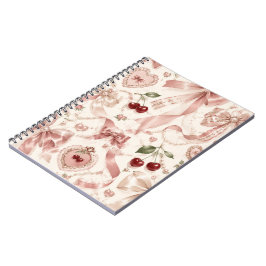 Caderno Espiral Coquete Vintage Rosa Arco e Cereja Estética