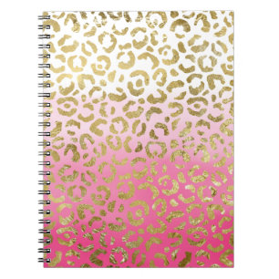 Caderno Espiral Cor branca rosa-d-água Dourada Glama Leopardo