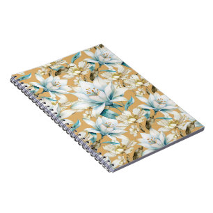 Caderno Espiral Cor d'água botânica, azul, branco, amarelo, lírio