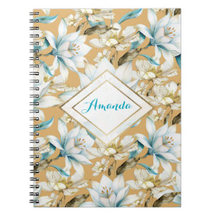 Caderno Espiral Cor d'água botânica, azul, branco, amarelo, lírio