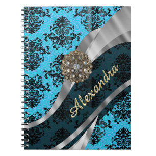 Caderno Espiral Cor damasco azul bonito personalizada