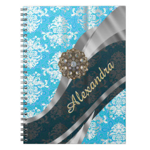 Caderno Espiral Cor damasco azul pálido e bonito