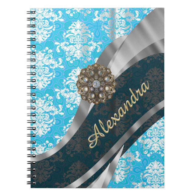 Caderno Espiral Cor damasco azul pálido e bonito (Frente)