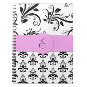 Caderno Espiral Cor damasco, Damasco Preto e Branco, Monograma