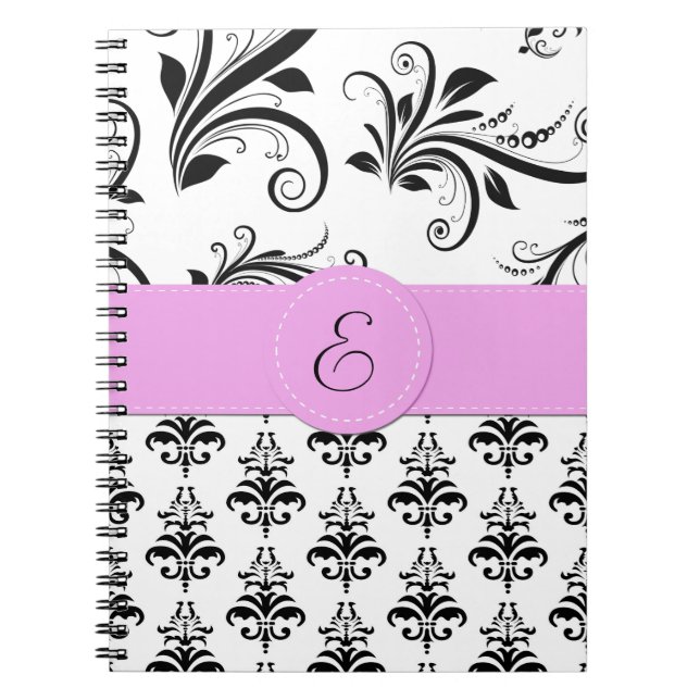 Caderno Espiral Cor damasco, Damasco Preto e Branco, Monograma (Frente)