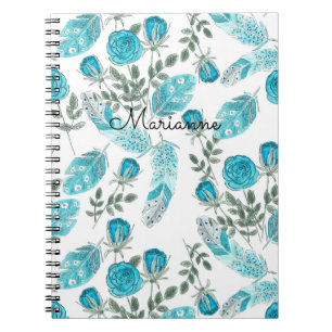 Caderno Espiral Cor-de-água esboços de penas azuis flores brancas