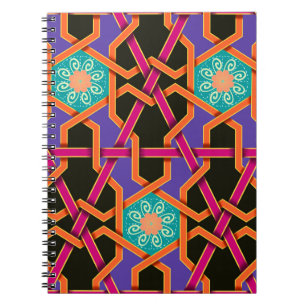 Caderno Espiral Cor de laranja verde esverdeada e etnia geométrica