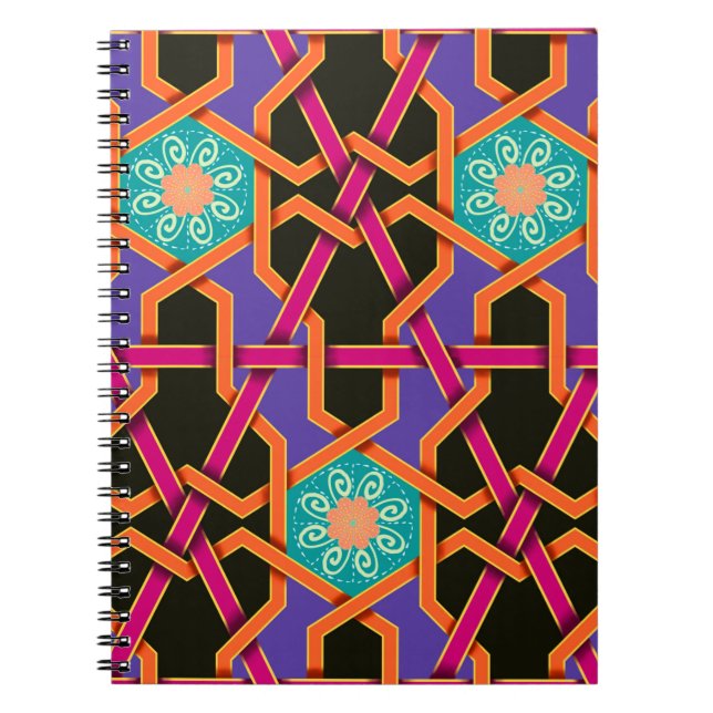 Caderno Espiral Cor de laranja verde esverdeada e etnia geométrica (Frente)